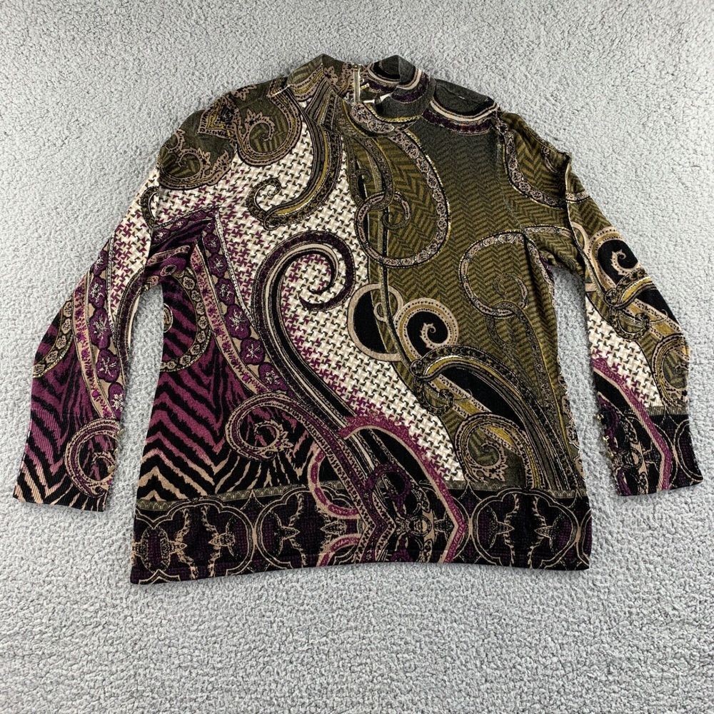 NEW Chico's Sweater Womens XL 3‎ Paisley Pullover Mock Neck Rayon Blend Rear Zip